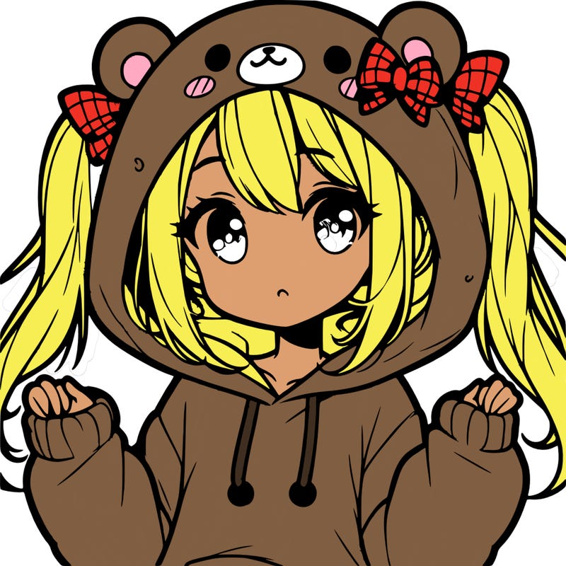 cute anime girl with ponytails and a cute bear hoodie