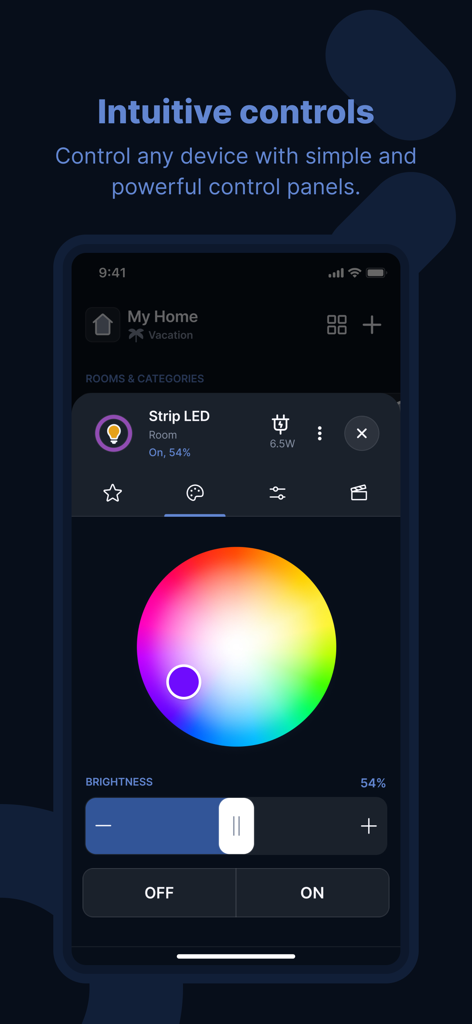 Yubii Home - Yubii Home app screen displaying intuitive color wheel and brightness controls for a smart LED strip