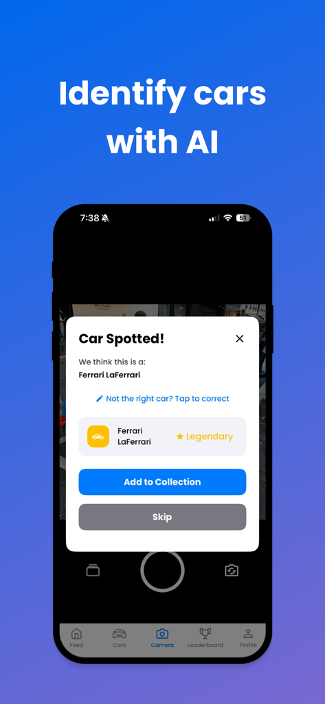 CarSpotter - Collect Cars - CarSpotter app screen showing the AI identification feature labeling a Ferrari LaFerrari as a legendary car