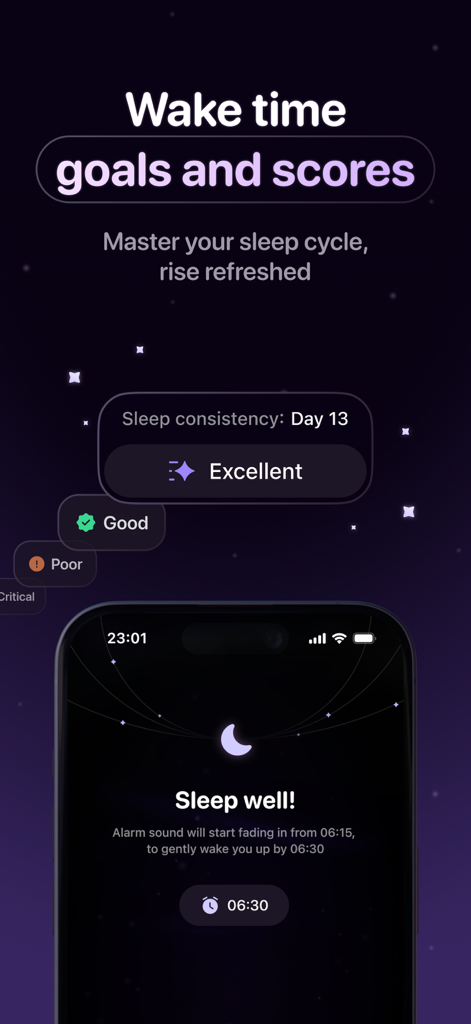 Wonderwake: Gentle Alarm Clock - Interfaz de la aplicación Wonderwake que muestra puntuaciones de consistencia del sueño y una alarma suave programada en un fondo oscuro