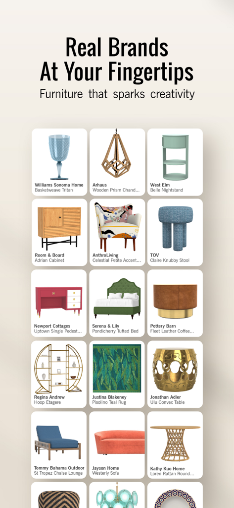 A collection of real furniture and home decor brands available in the Design Home app including West Elm and Pottery Barn