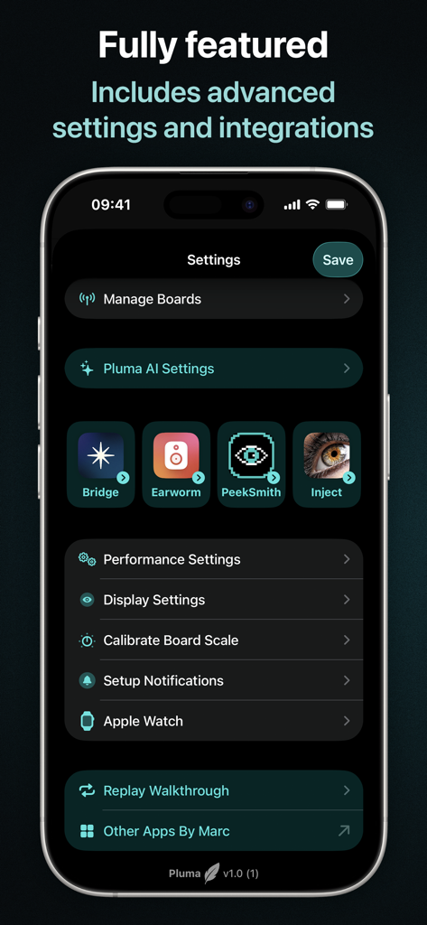 Pluma - Settings screen of the Pluma magic app showing various integrations like PeekSmith and Earworm along with hardware configuration options