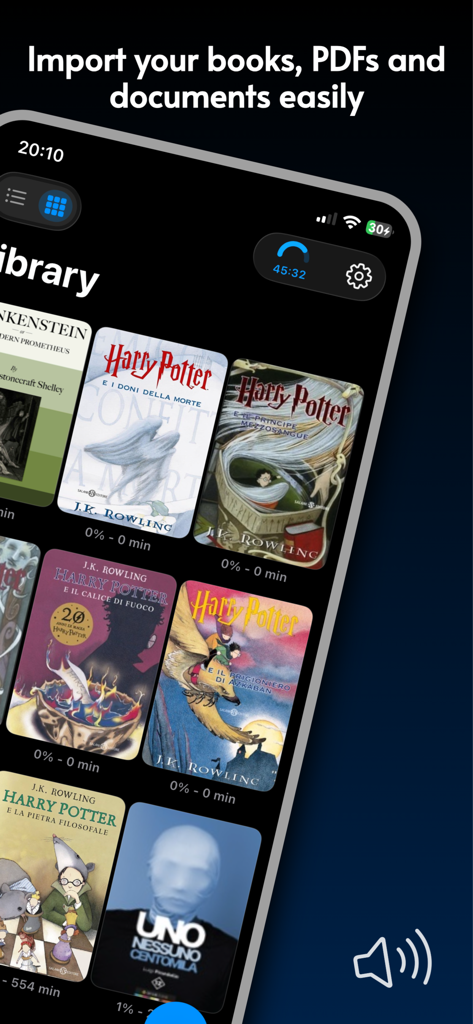 Offline AudioBook: VoiceReader - Pantalla de la biblioteca de la aplicación VoiceReader que muestra libros electrónicos y documentos importados