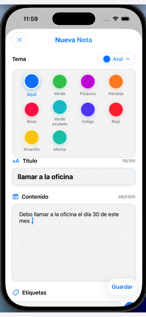intelli note - Intelli note app interface for creating a new note with custom color themes and text inputs