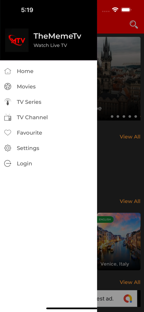 TheMemeTv - Side navigation menu of TheMemeTv mobile app showing categories like Movies TV Series and travel experiences