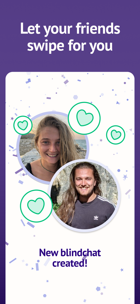 Blindmate app interface showing a new blindchat created by friends swiping for their single friends