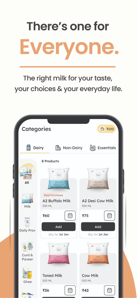 Sid’s Farm - Pure Tested Milk - Mobile app interface displaying different types of milk available for subscription on Sid s Farm