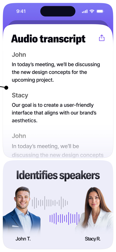 Wave AI Note Taker & Summary - Interfaz que muestra una transcripción de audio con los interlocutores identificados John y Stacy en la aplicación Wave AI Note Taker