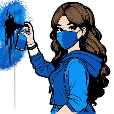 realistic girl with mask spray painting a wall