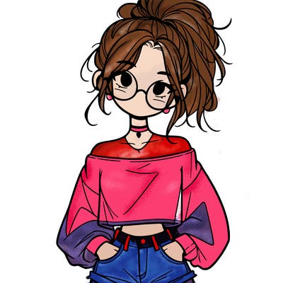 girl with a messy ponytail glasses a baggy crop top and jean shorts