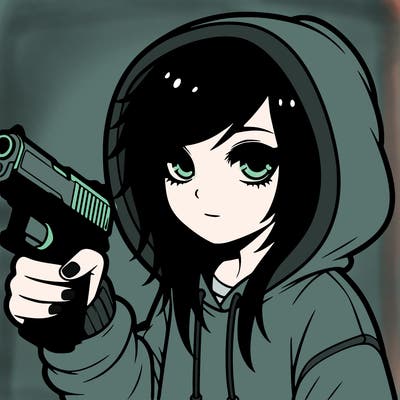 emo girl wearing a hoodie with a gun, pointing it