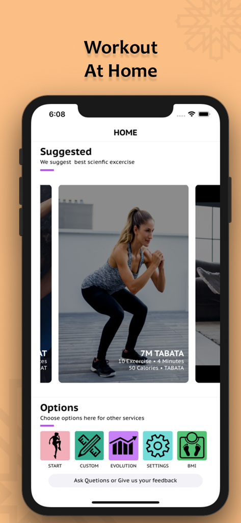 homes Workout For Women - Interfaz de una aplicación de entrenamiento en casa para mujeres que muestra ejercicios sugeridos y opciones de seguimiento de fitness