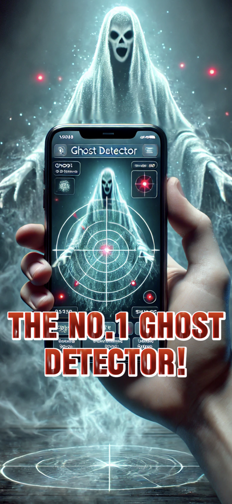 Ghost Detector & Spirit Box - Una mano sosteniendo un smartphone mostrando el radar de la aplicación Detector de Fantasmas con un fantasma encapuchado espeluznante de fondo
