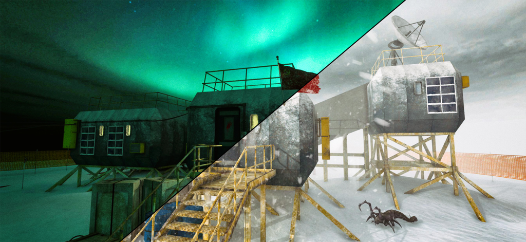 Antarctica 88: Scary Games - Vista dividida de una estación de investigación ártica que muestra una escena nocturna con aurora boreal y una escena diurna con un monstruo aterrador en la nieve