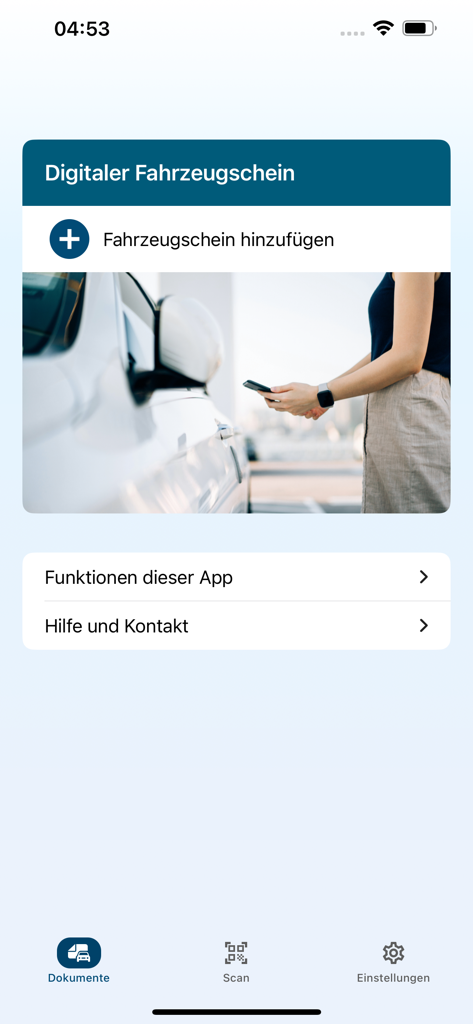 Hauptoberfläche der i-Kfz-App zur Verwaltung digitaler Fahrzeugzulassungsbescheinigungen mit der Schaltfläche Dokument hinzufügen.