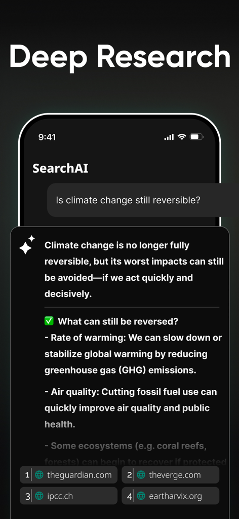 AI Chatbot- Smart AI Assistant - Interfaz de Chatbot IA que muestra una investigación profunda sobre el cambio climático con enlaces a fuentes citadas