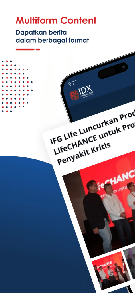 IDX CHANNEL mobile app interface showing a news article about IFG Life and the multiform content feature.
