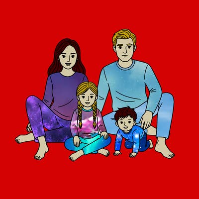 a mom and a dad, their daughter and their son their daughter are on five years old and her hair is braided. their son is around six months old and his hair is shaggy and cute. the daughter is wearing a long sleeve shirt and long pants. everyone is barefoot. everyone is wearing long sleeves and long pants.