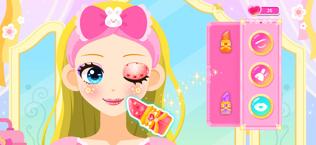 Cocobi Princess Party -Dressup - Un personaje de princesa aplicándose lápiz labial rosa y sombra de ojos brillante en un juego de transformación digital.