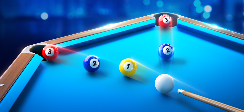 Pool Trickshots - A realistic 3D render of a billiards table showing a complex trickshot with motion trails and numbered balls