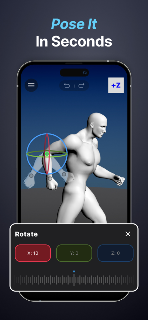 3D Pose Reference & Easy Poser - Interfaz de la aplicación Referencia de Postura 3D mostrando controles de rotación para un modelo humano 3D.