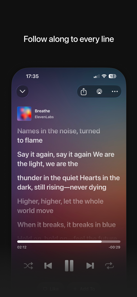 ElevenMusic by ElevenLabs - ElevenMusic app interface showing real time song lyrics and music player controls