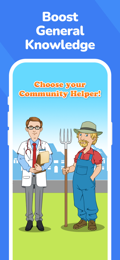 Kiddopia: Kids Learning Games - Una pantalla de la aplicación Kiddopia que muestra un personaje de doctor y un personaje de granjero con el texto 'Mejora el conocimiento general' y 'Elige tu trabajador comunitario'