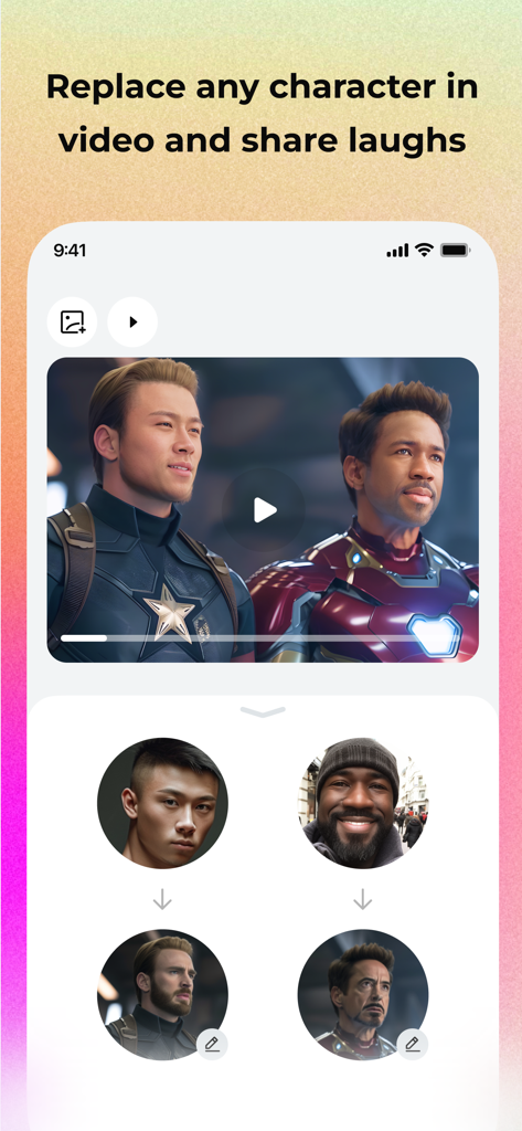 Screenshot der Pica AI App, der eine Video-Gesichtsüberlagerungsfunktion zeigt, bei der Benutzer die Gesichter von Filmfiguren durch ihre eigenen Porträts ersetzen