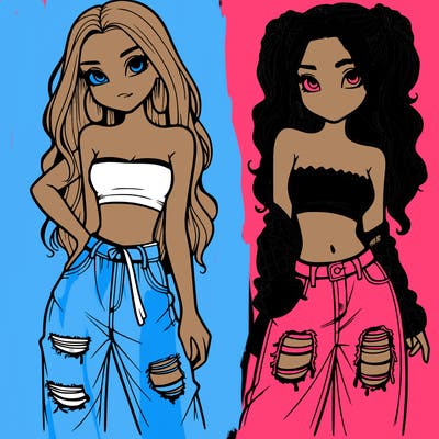 2 girls in crop tops and baggy jeans ripped