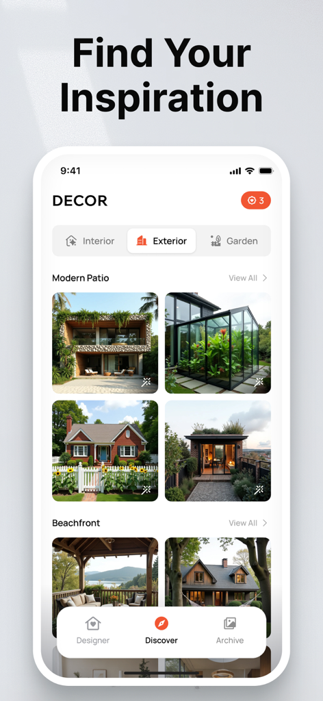 AI Home Design app interface showing exterior home design inspiration and modern patio styles