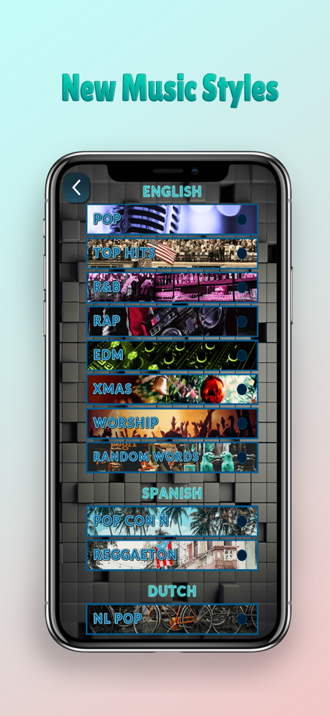 Song Association - Smartphone screen displaying different music genres and languages for the Song Association game