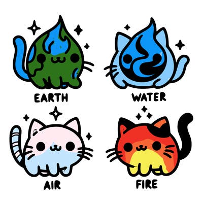 4 cats that represent the different elements, earth, water, air, and fire