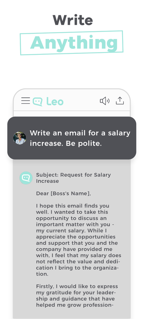 Interfaccia dell'app Leo AI che mostra una bozza di email professionale generata per una richiesta di aumento di stipendio.