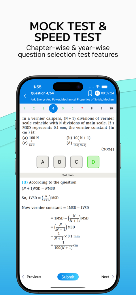 NEETPrep: Papers & Mock Tests - Aplicación NEETPrep que muestra una pregunta de prueba de simulación de física con una solución detallada paso a paso
