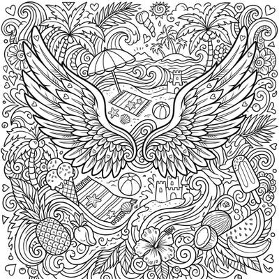 Embrace the warmth of the sun and the joy of creativity with this unique coloring page. Featuring magnificent Cupid's wings soaring over a playful summer beach scene, it promises hours of artistic delight.