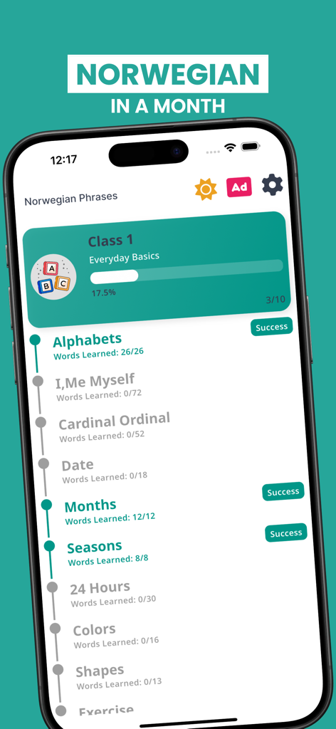 Norwegian Learning: Beginners - Mobile app interface showing Norwegian language course lessons and progress tracking
