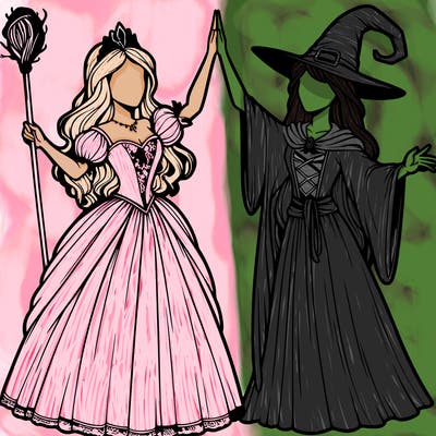 detailed realistic split of a princess and a witch
