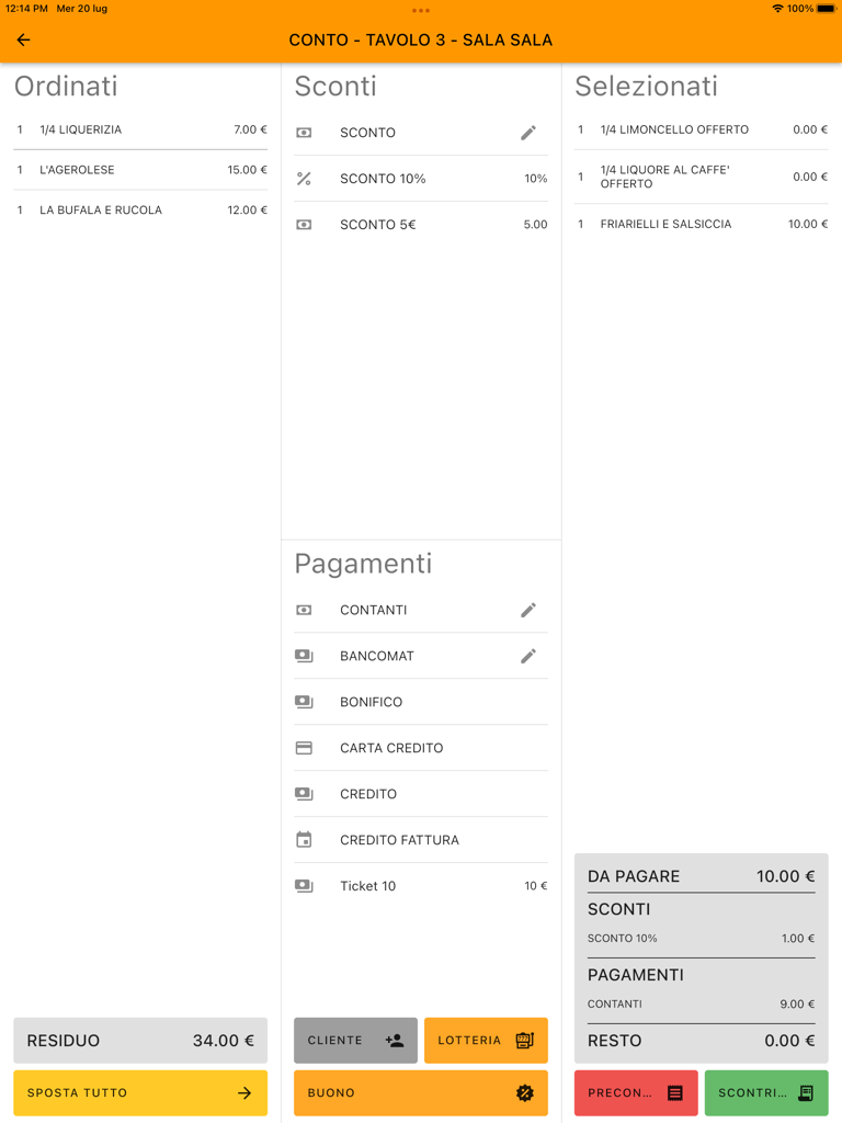 Interfaz TPV Tavolinux 3 que muestra el resumen de la factura del restaurante y los métodos de pago en un iPad