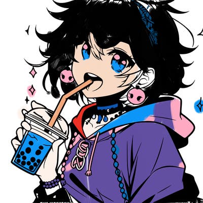 hot baddie anime girl drinking boba and biting the straw