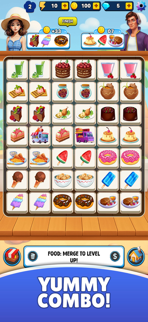 Mix and Merge Journey - A colorful food-themed merge puzzle grid in Mix and Merge Journey featuring donuts, ice cream, and a yummy combo banner.