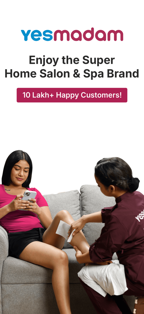 Professional technician providing waxing service to a woman at home on her sofa