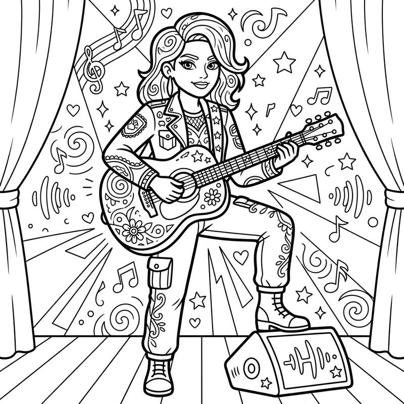 Get ready to bring this electrifying guitar performance to life with your favorite colors. This detailed illustration captures the energy of a musician captivating her audience.