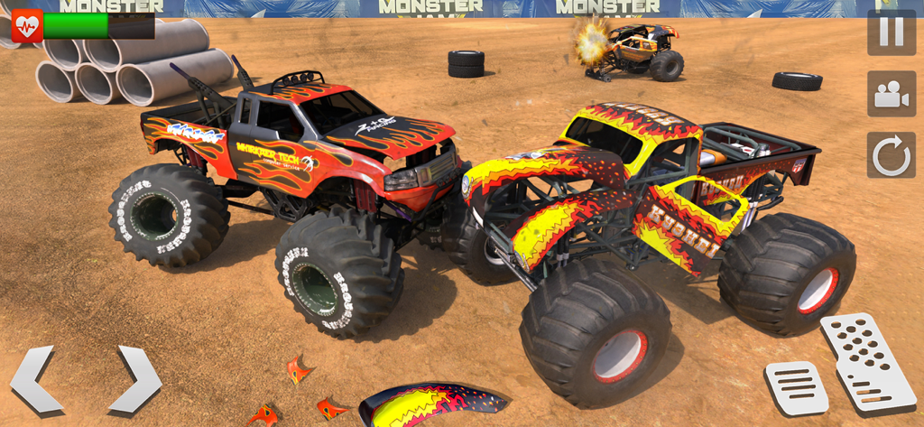 Monster Trucks 4x4 Racing Game - Two custom monster trucks with flame decals competing in a demolition racing arena.