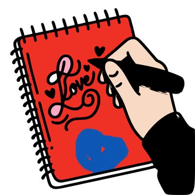 a hand writing “love” in calligraphy on a notebook