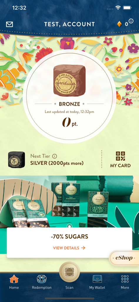 Venchi HK - Chocolate & Gelato - Venchi HK loyalty app dashboard showing member status and reward points.