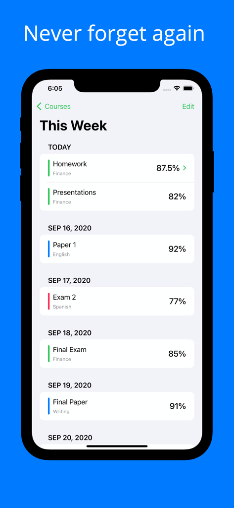 Pantalla de una aplicación móvil que muestra un horario semanal de tareas escolares y calificaciones para cursos de finanzas, inglés y español.
