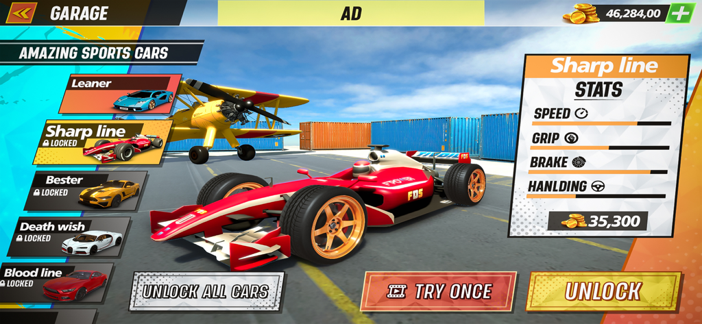 Crime City - Car Driving Games - In-game garage menu showing a red racing car with performance stats for speed and grip
