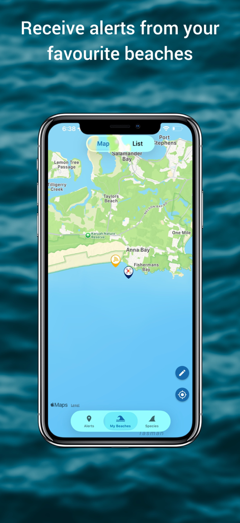 SharkSmart - SharkSmart app interface showing a map of Australian beaches with real time shark alerts and detection markers