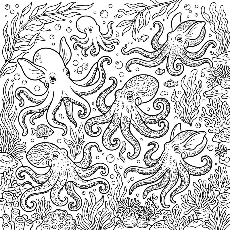 Unleash your creativity with this enchanting Dumbo Octopuses coloring page, specially designed for teens. Explore a vibrant underwater world filled with these unique deep-sea creatures and intricate marine life.