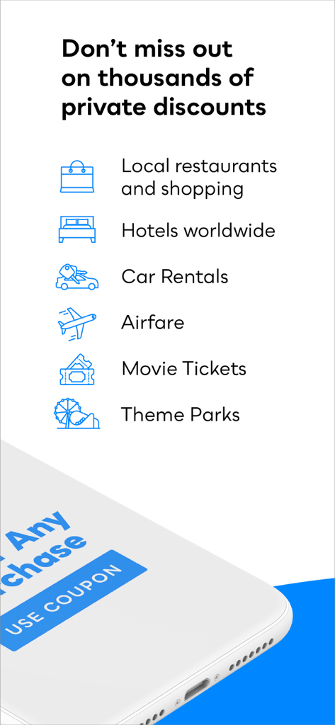 My Deals Mobile - Graphic showing private discount categories in My Deals Mobile app including local restaurants, hotels, airfare, and entertainment.